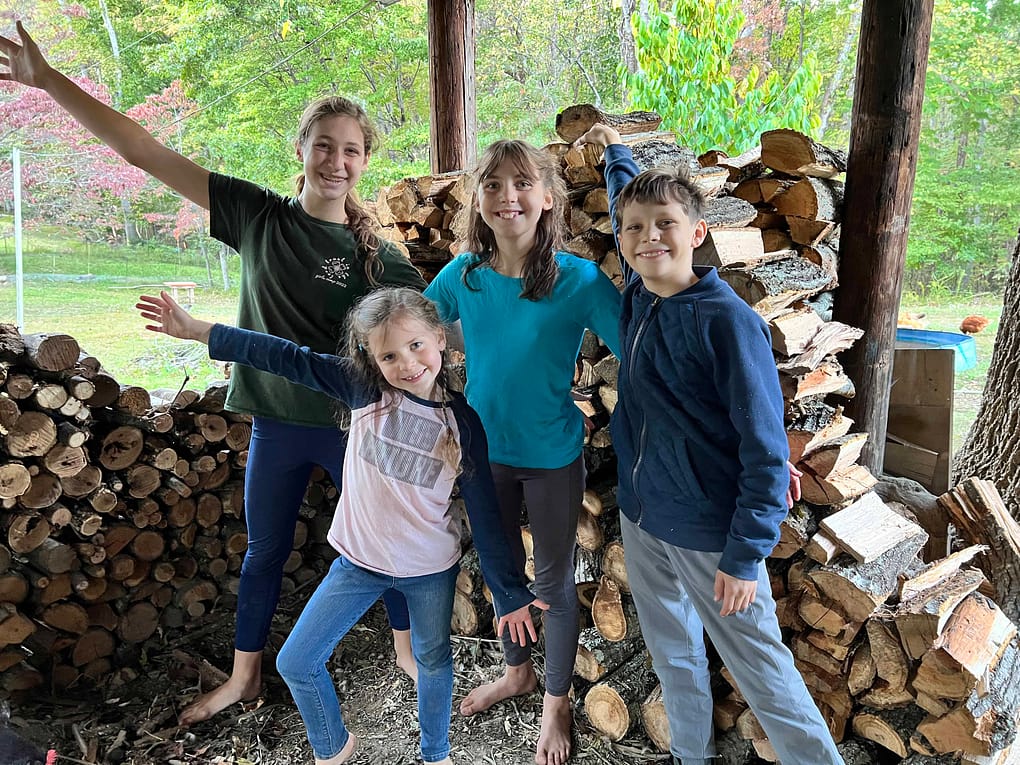 4 kids in full wood shed