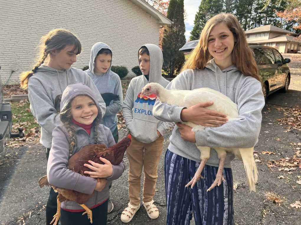 children holding a live turkey