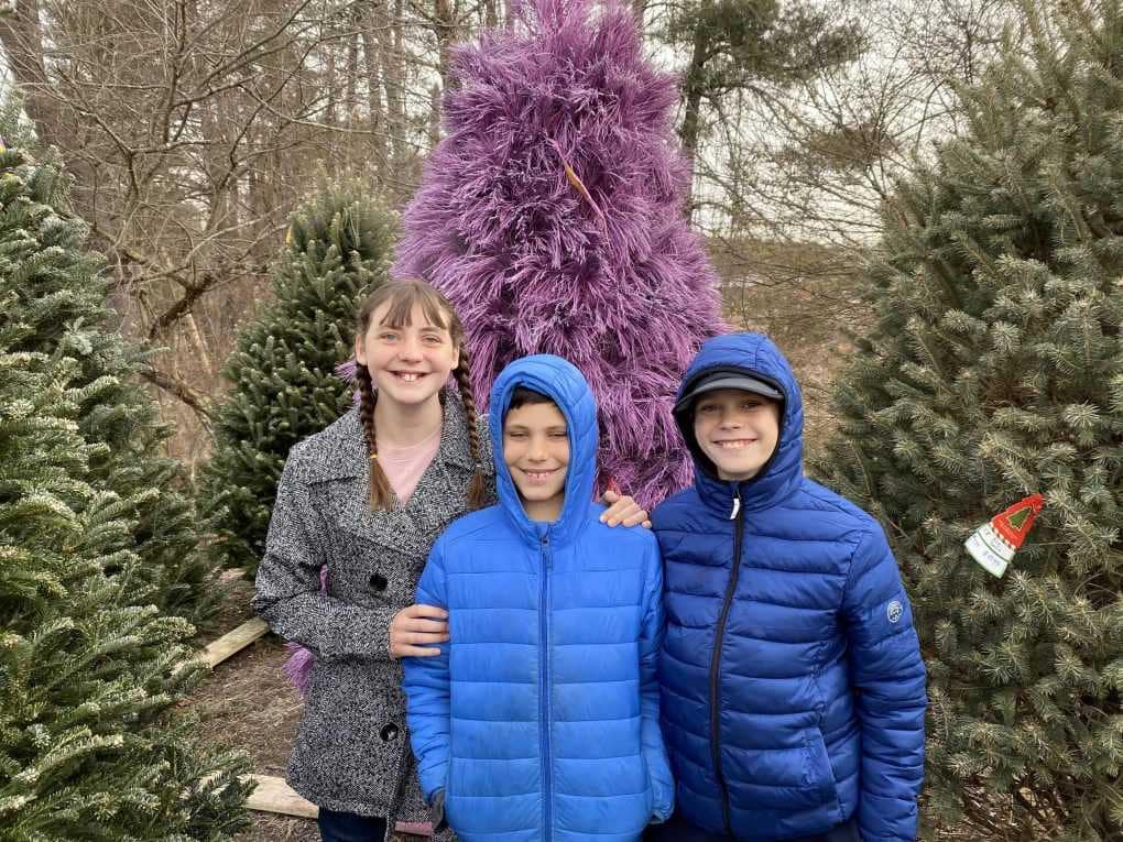 3 kids with purple Christmas tree