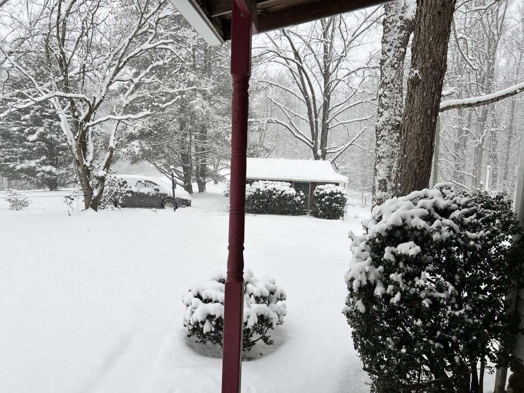 view from porch of snow covered yard