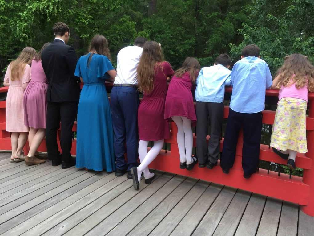 10 kids at Duke Gardens Japanese Bridge