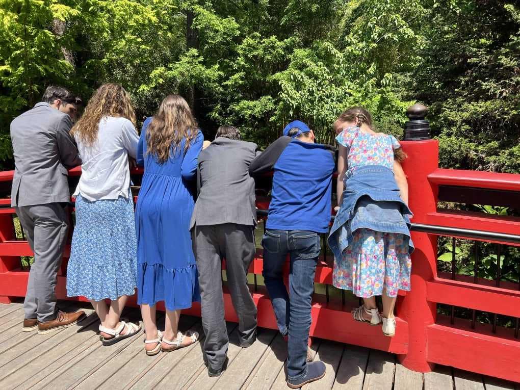 6 kids at Duke Gardens bridge