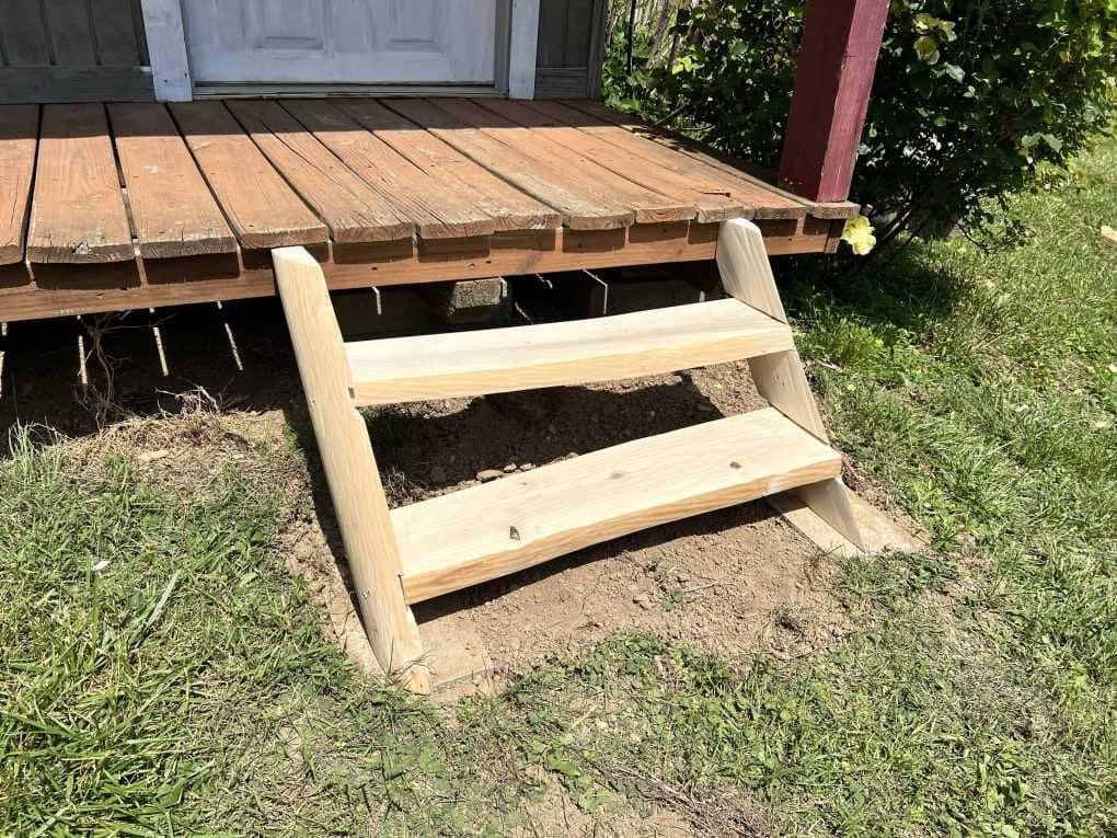 hand made stairs to a shed