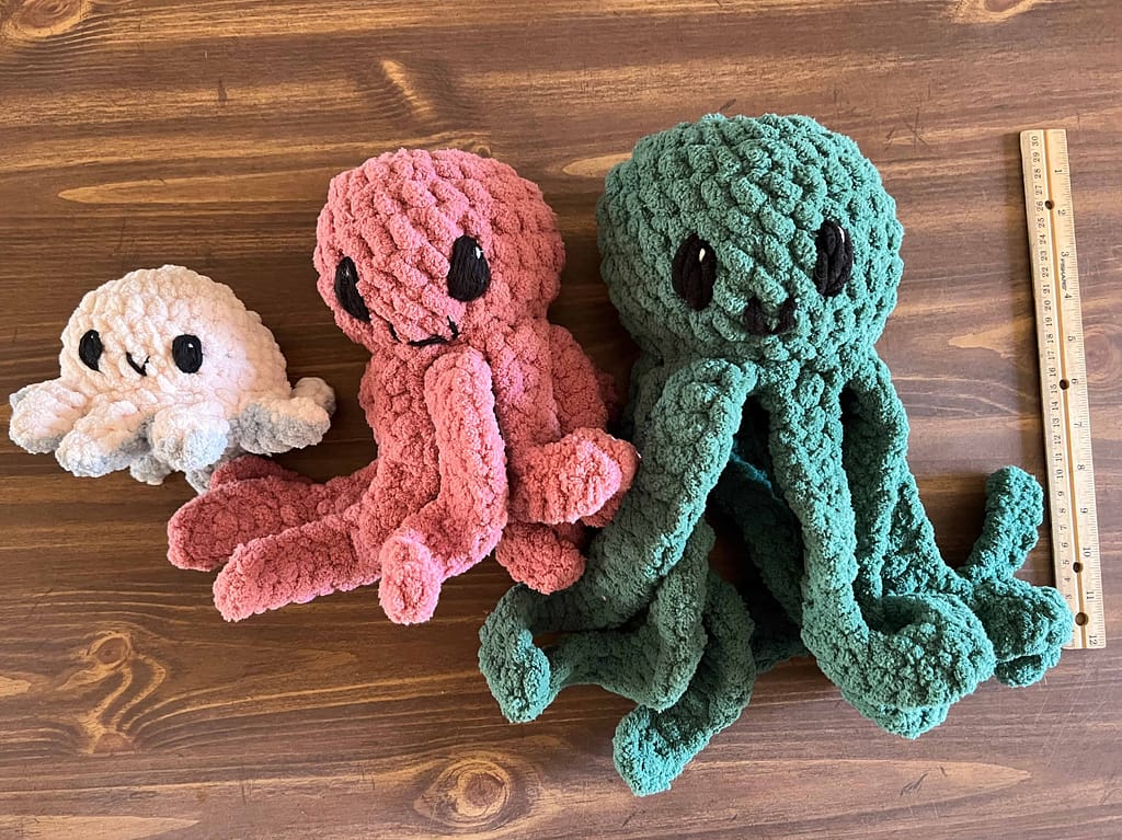 3 crocheted octopuses