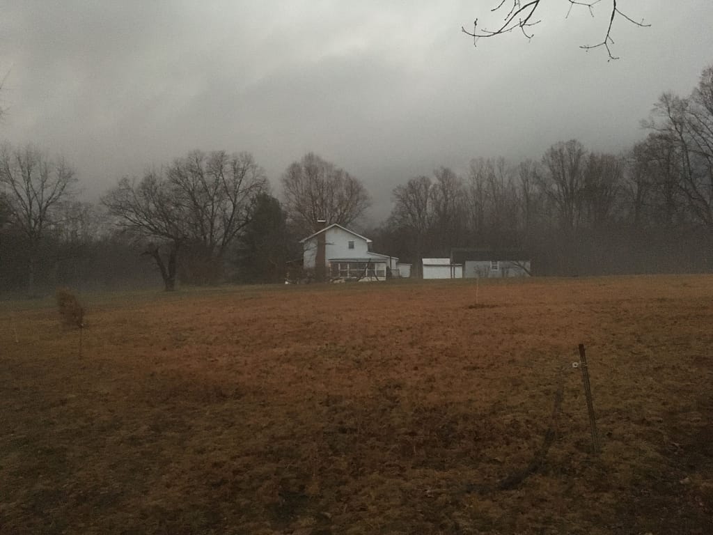 white 1930's farmhouse enshrouded in fog on a winter's day.