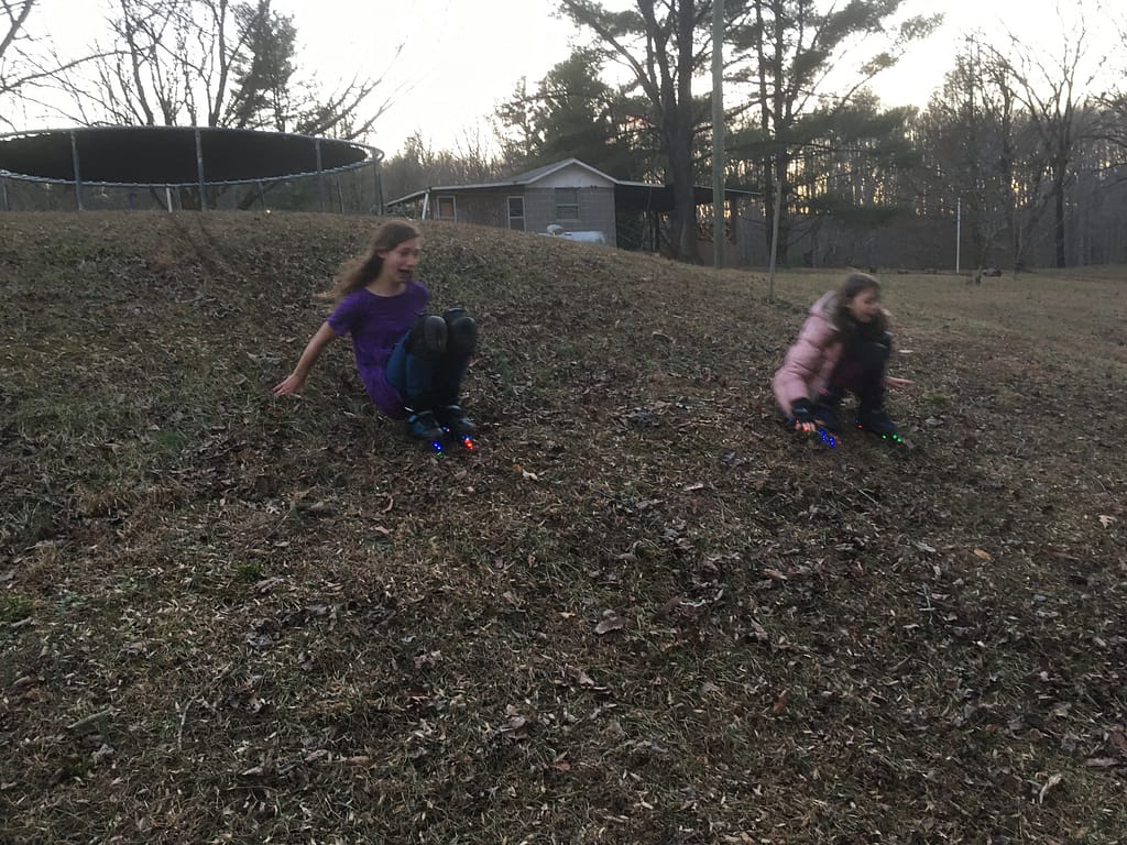 two sisters skating down a grassy hill