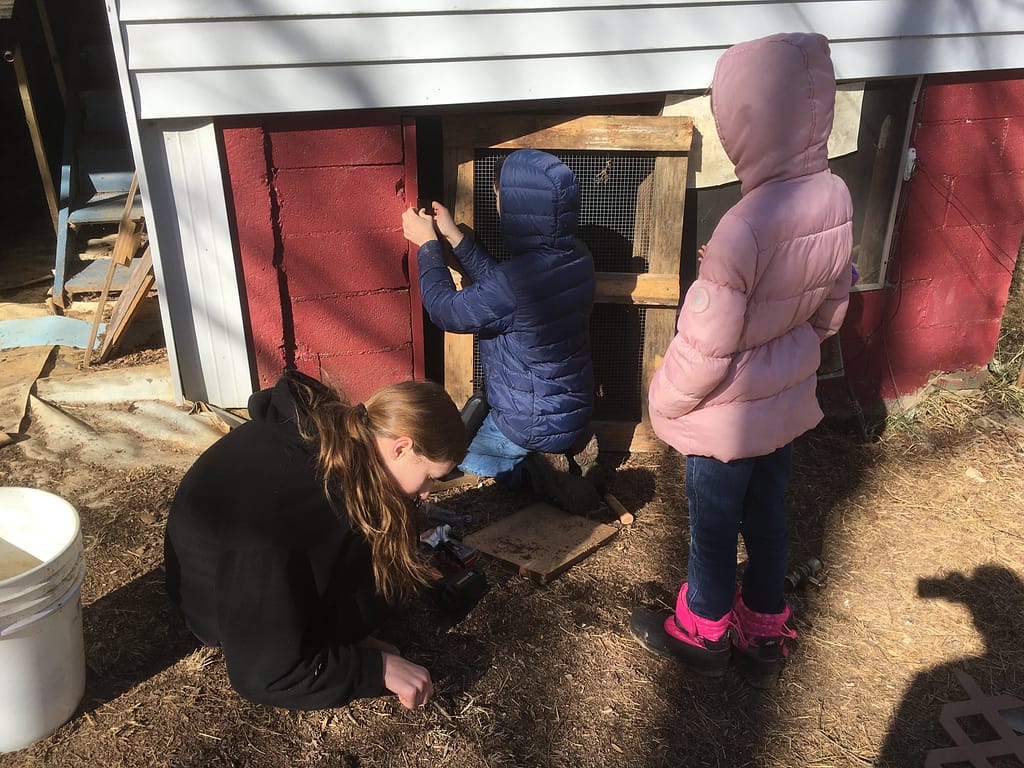 3 kids make a door for a chicken coop