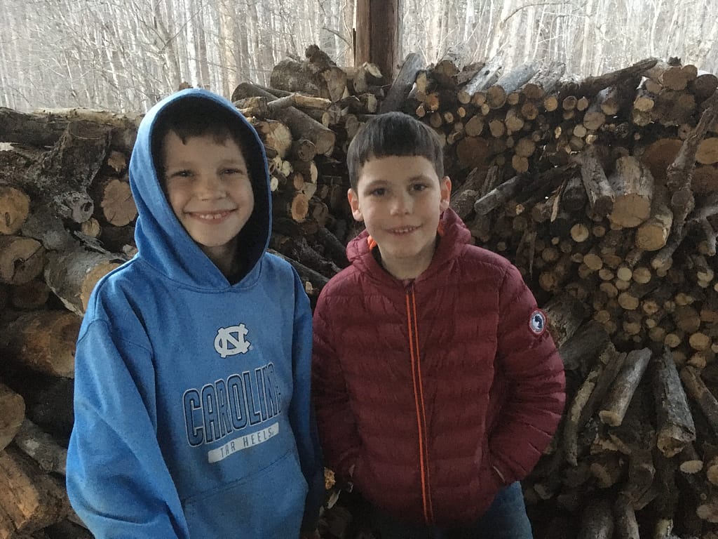 two little boys stand by a stack of wood they just stacked.