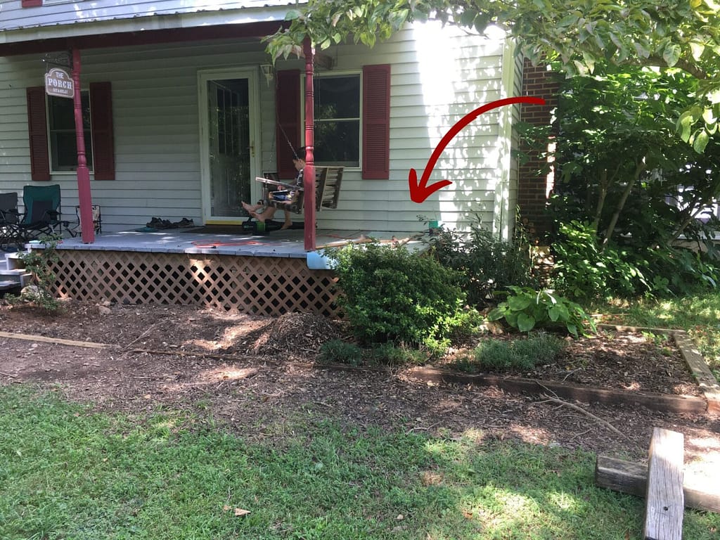 Front of house with an azalea in a border and empty space in the rest of the border.