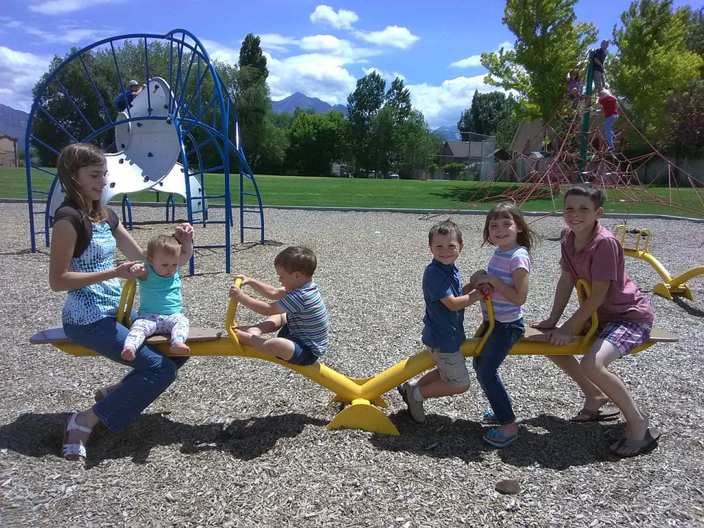 6 siblings on the teeter totter at the park.