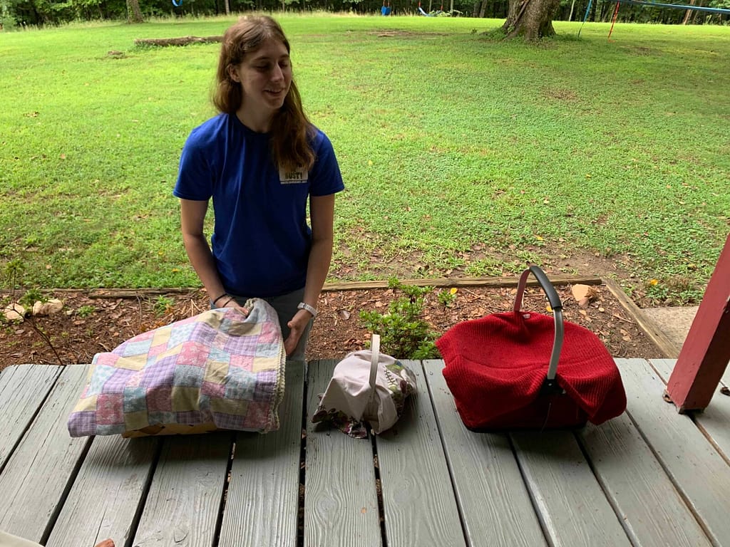 girl auctioning off 3 picnic baskets of food