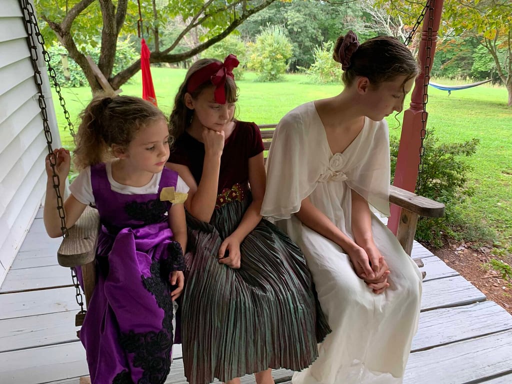 3 girls waiting for boys to bid on their picnic lunches like in Calpurnia Tate