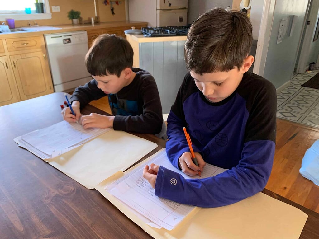 two brothers doing spelling at the kitchen table