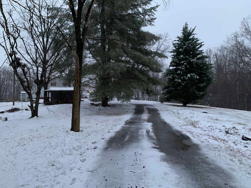 a rural driveway with snow on it