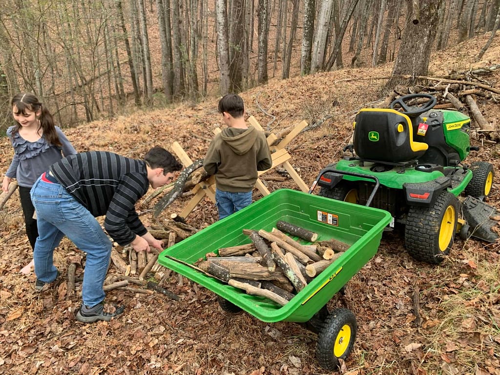 family hauling wood