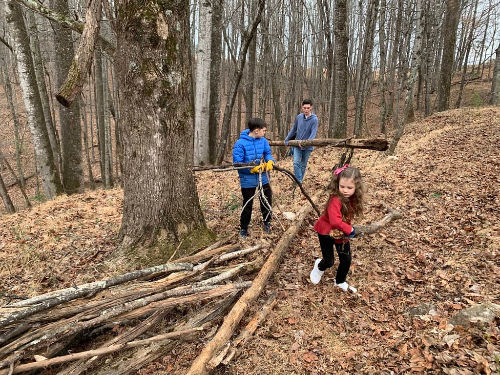 kids hauling long branches to be cut in the woods
