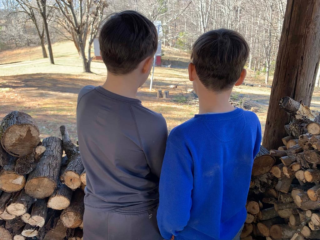 the backs of two boys stacking firewood