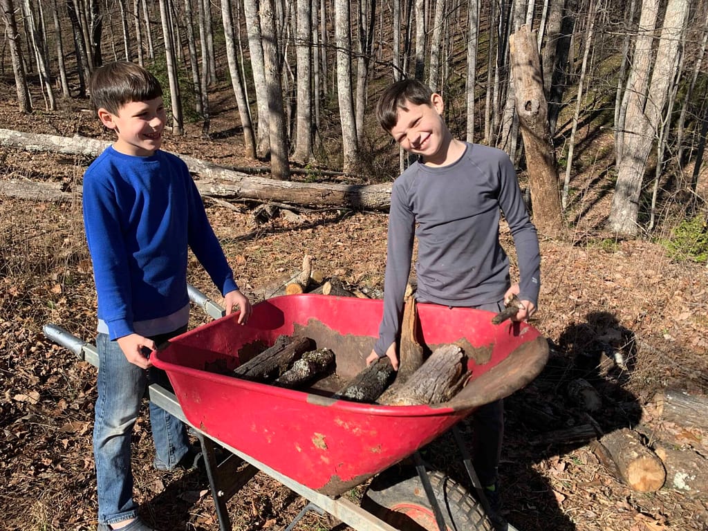 two boy loading wood into a wheelbarrow