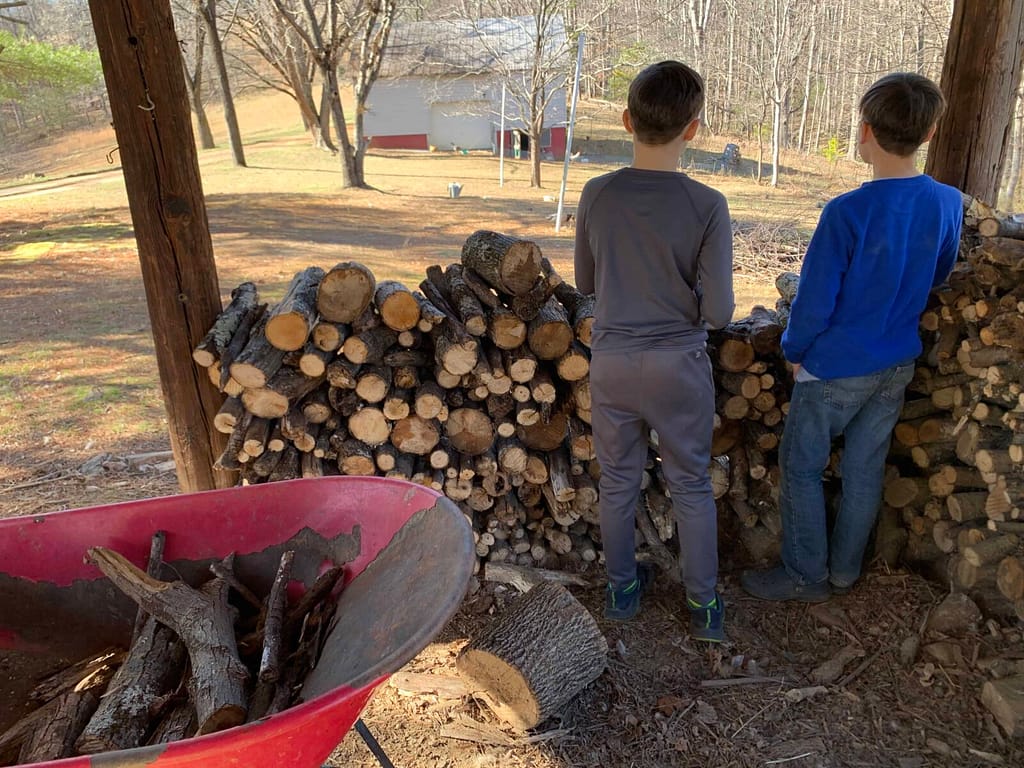 two boys stacking firewood