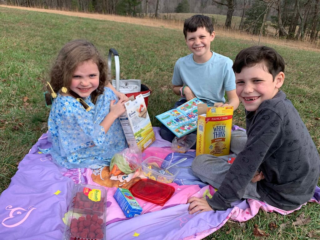 3 kids having a picnic in early spring