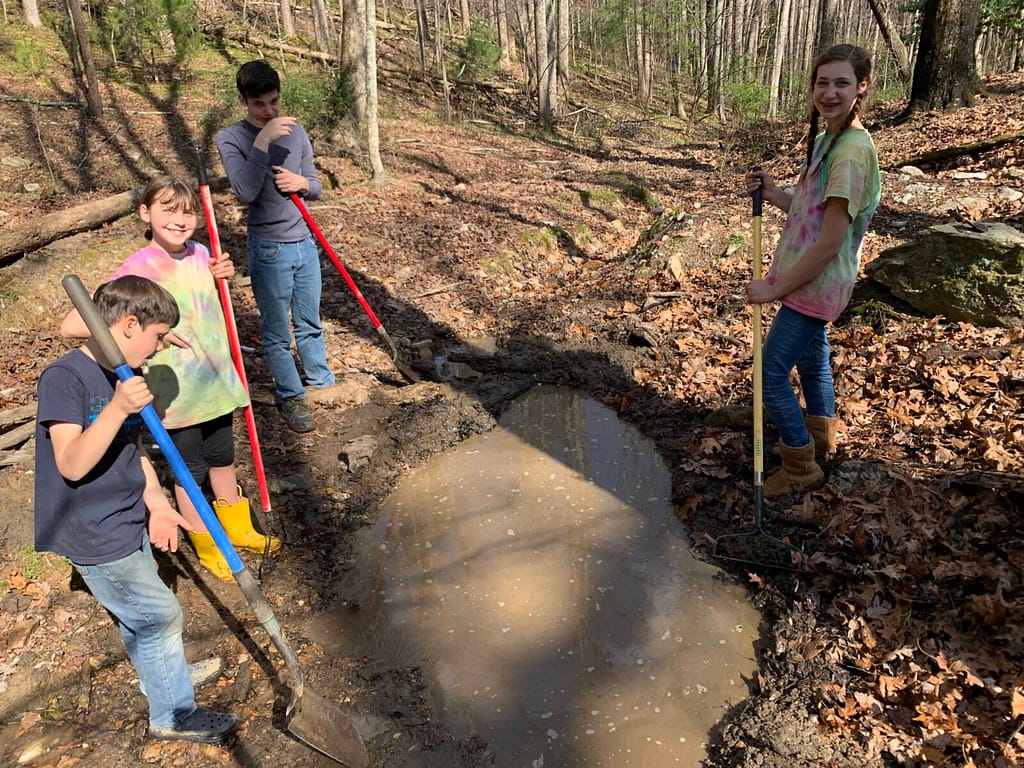 kids damming up a creek to make a small pond