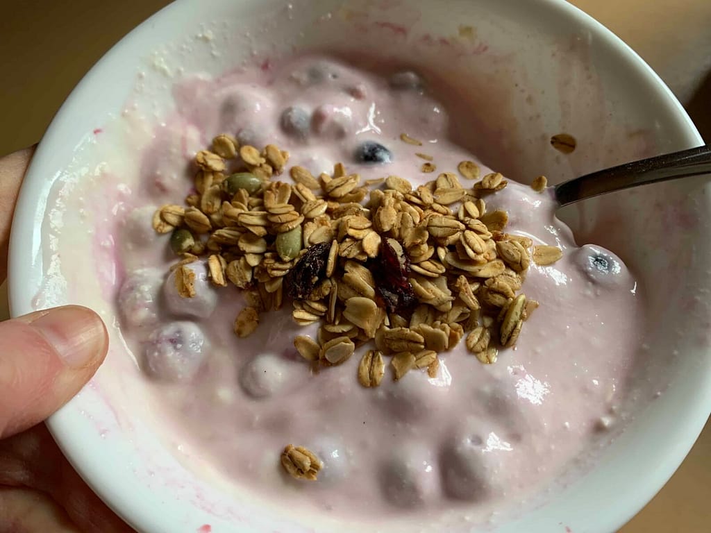 homemade yogurt in a bowl with blueberries and granola on the top