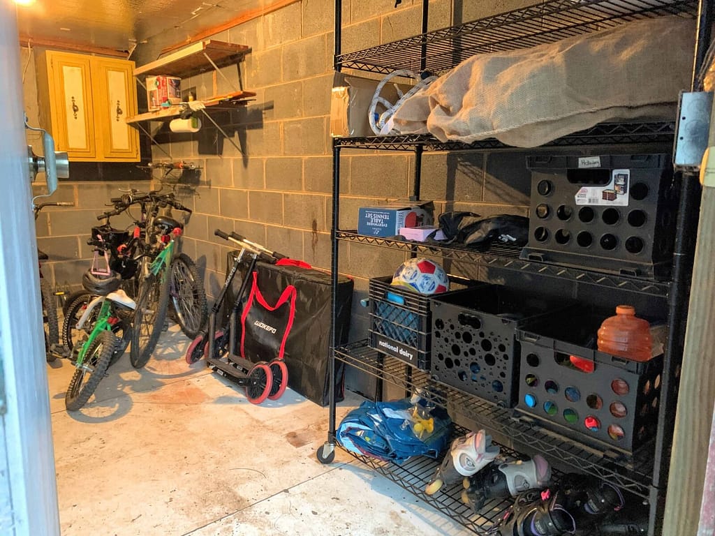 inside a bike and toy shed
