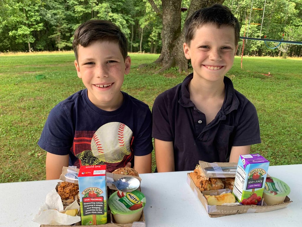 two boys eating a picnic lunch at the table