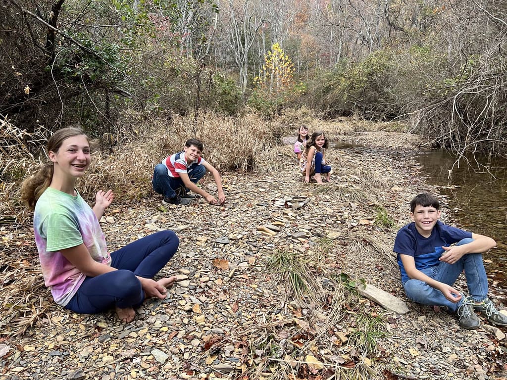 5 kids playing on a rocky bar by a creek