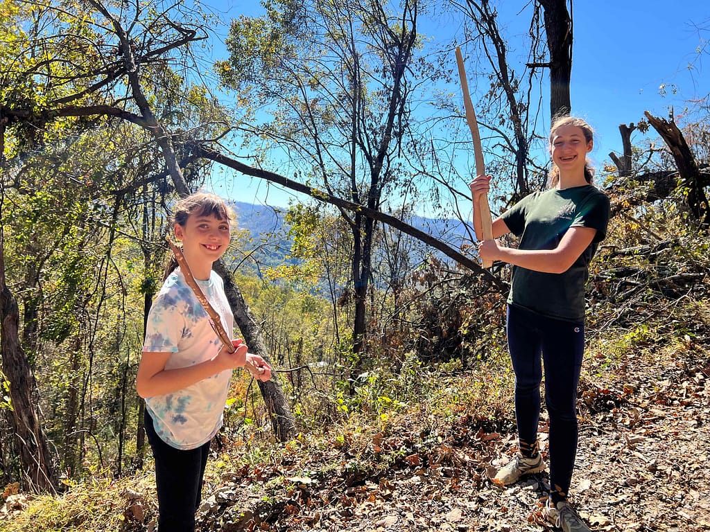two sisters playing with long sticks on a fall day