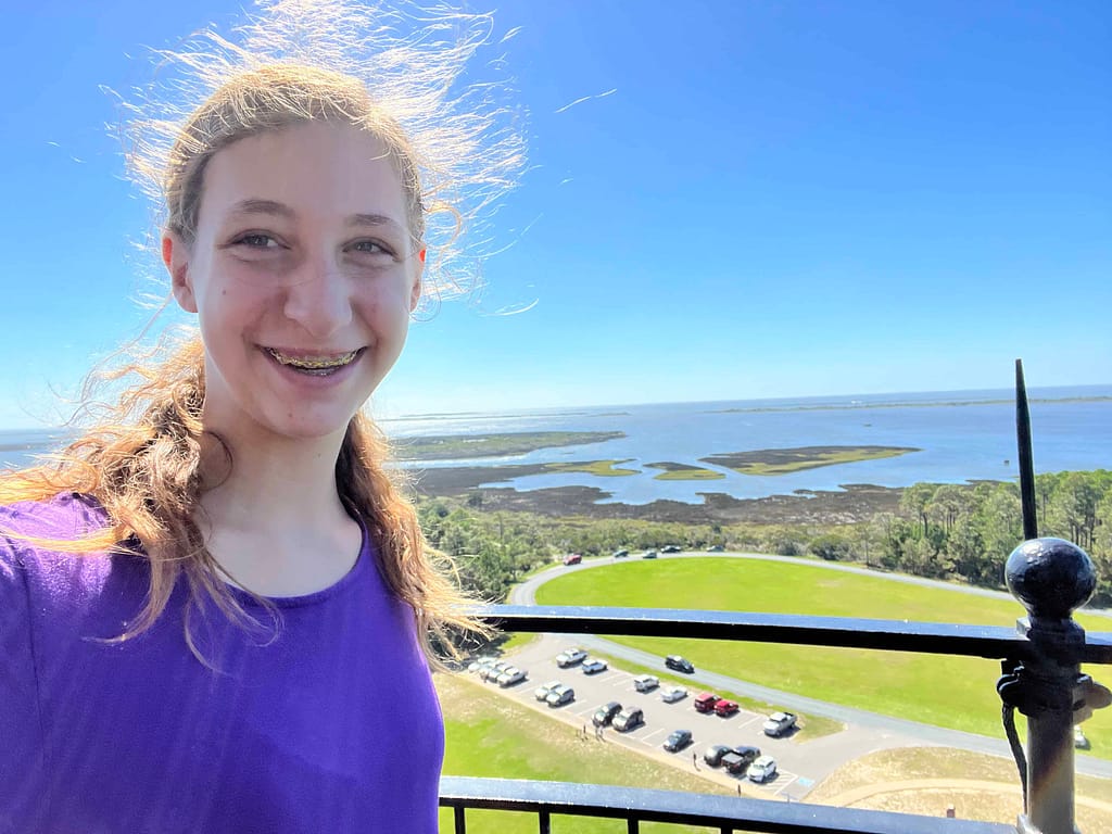 14 year old girl selfie at the top of bodie lighthouse