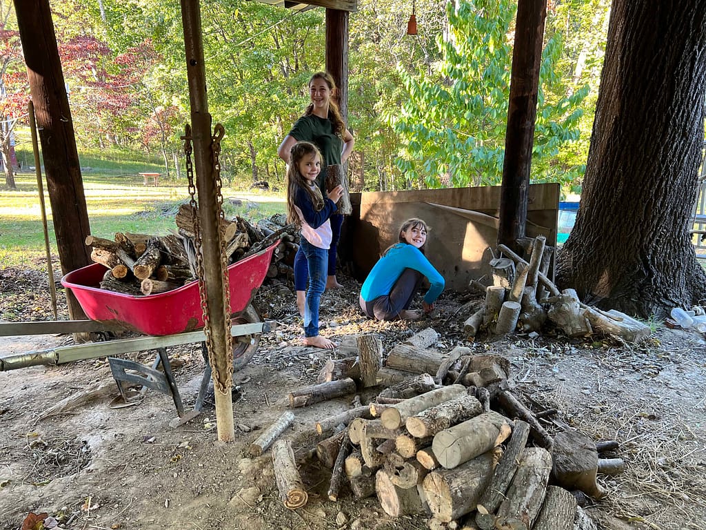 3 kids in empty wood shed