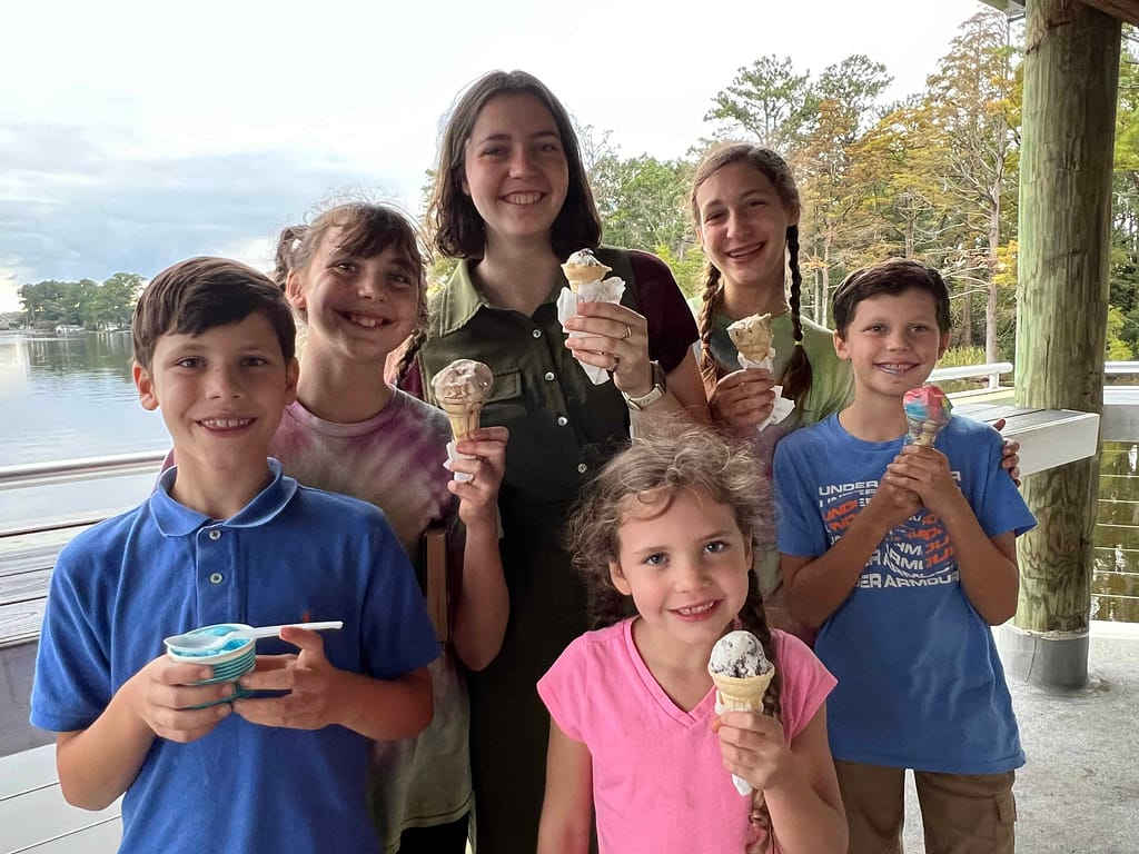 kids eating ice cream at the Quarterdeck restaurant in Bath, NC