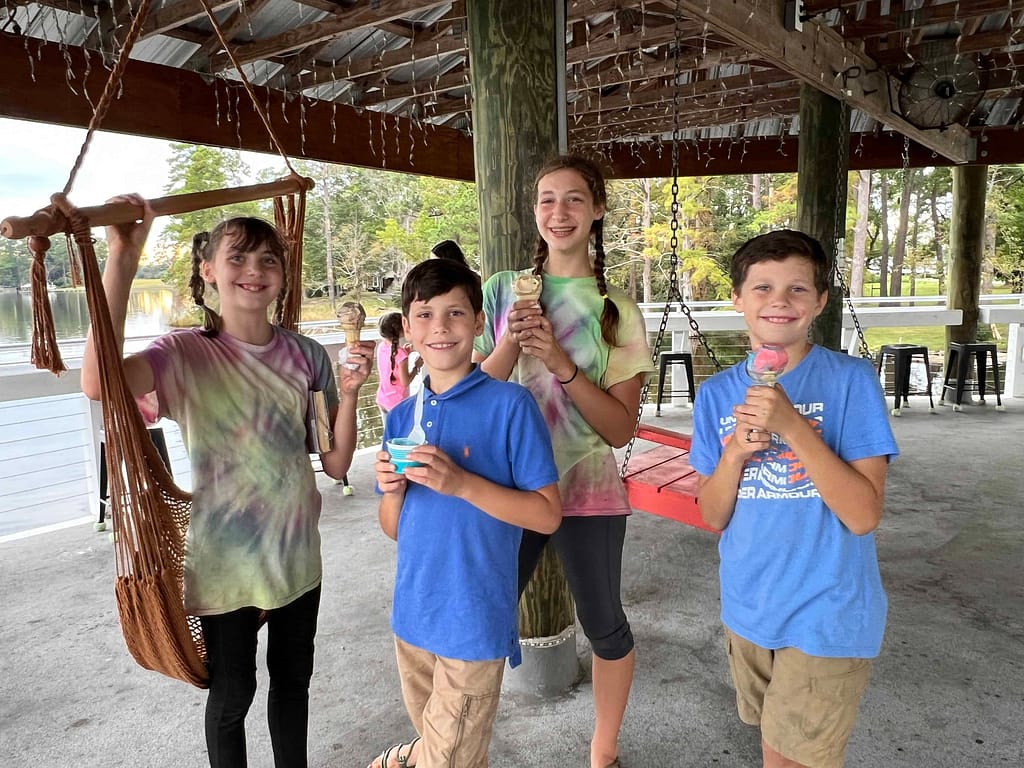 kids eating ice cream at Quarterdeck restaurant in Bath, NC