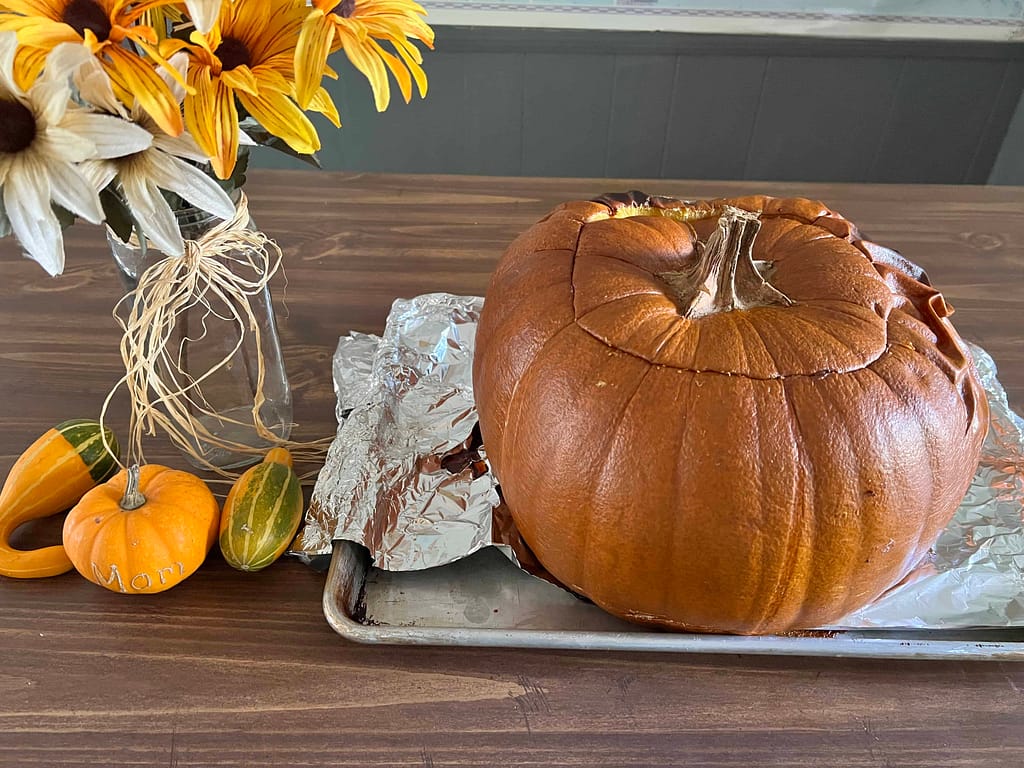 cooked dinner in a pumpkin