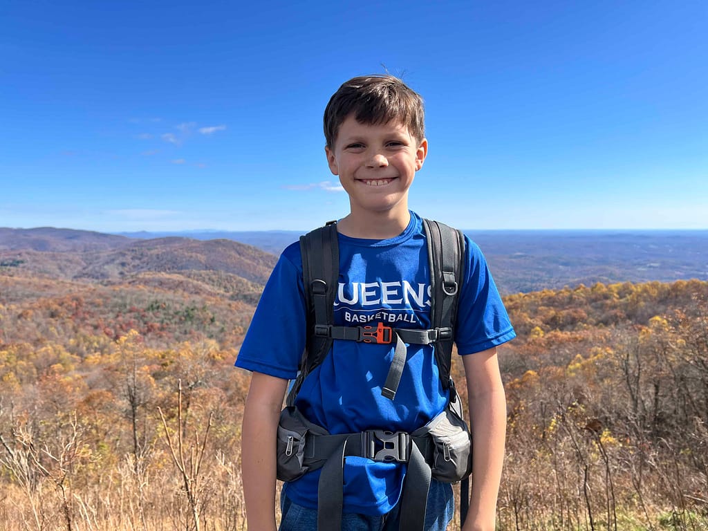 11 year old boy hiking along the Blue Ridge Parkway