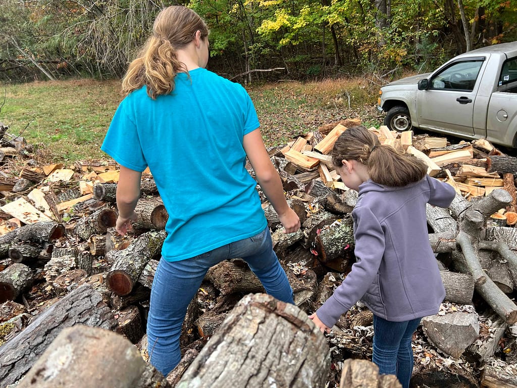 two sisters stacking firewood