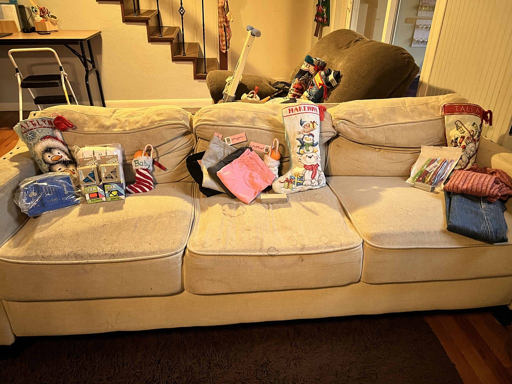 presents and stocking on the couch