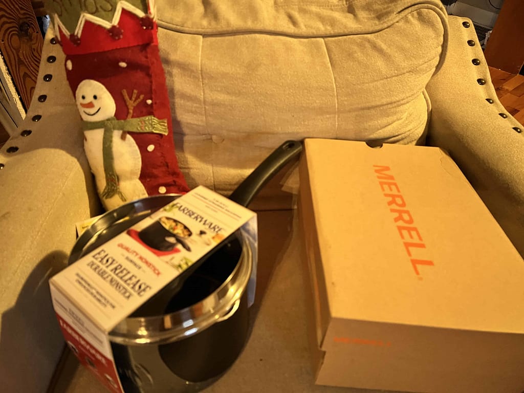 presents and stocking on the couch
