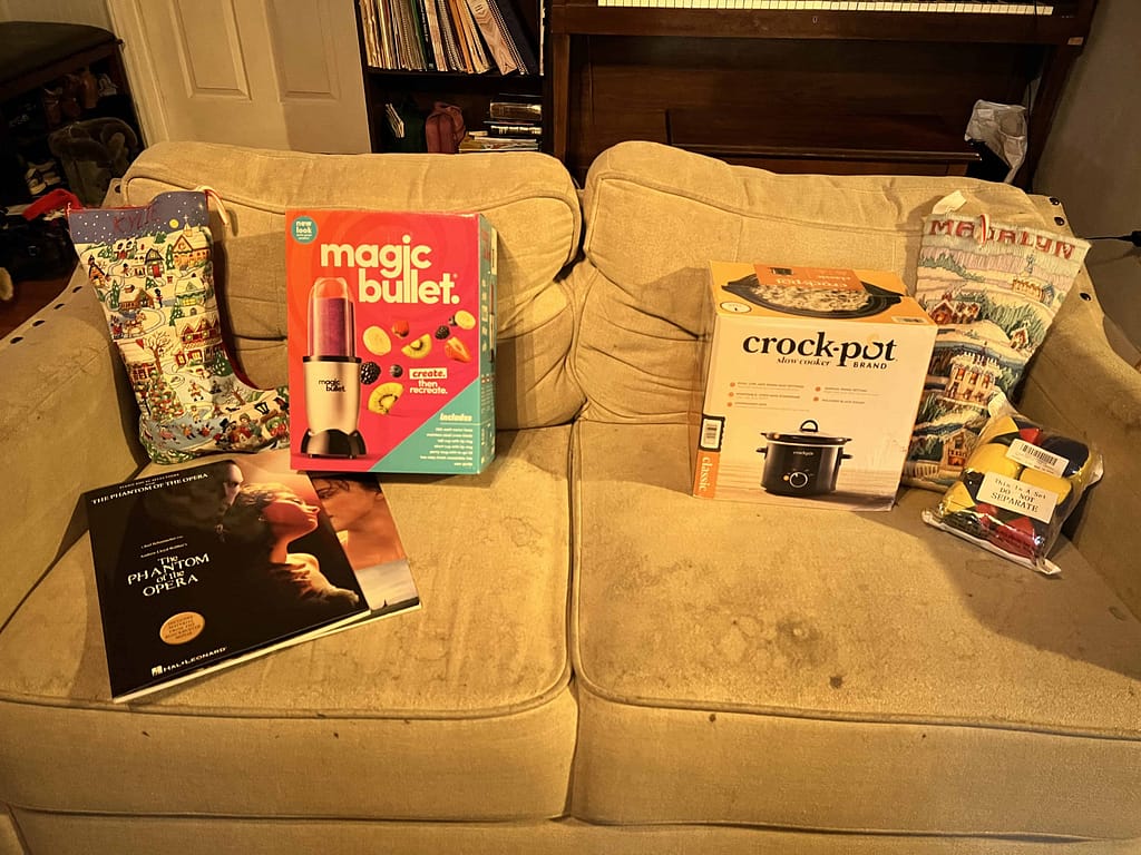 presents and stocking on the couch