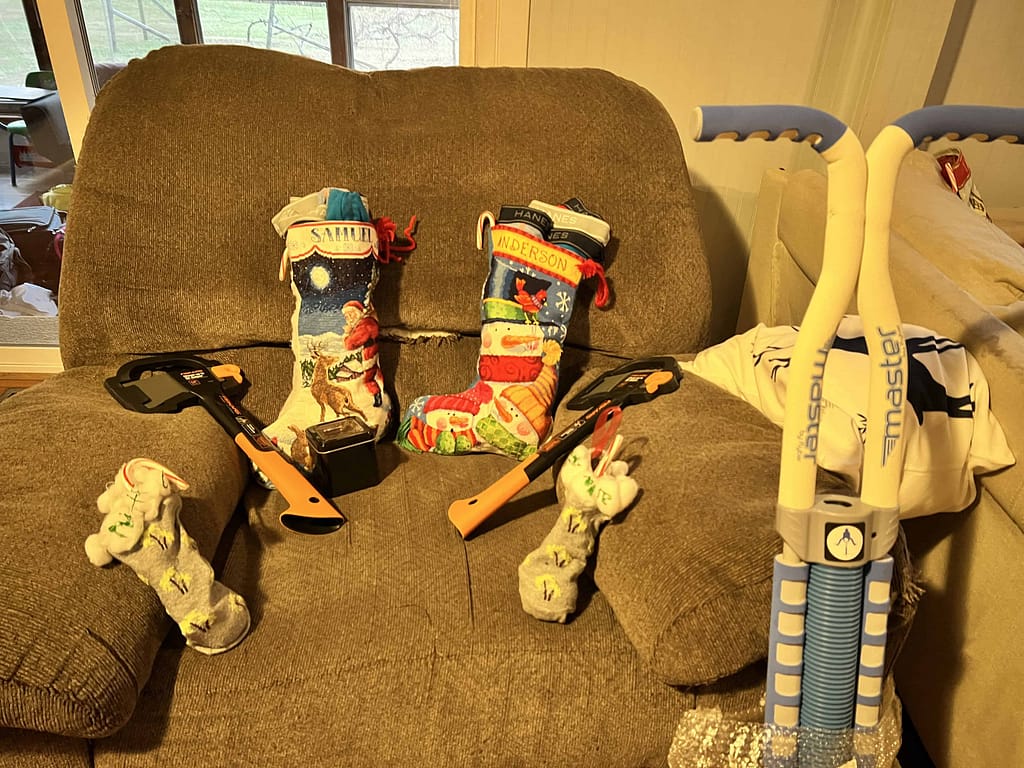 presents and stockings on couch