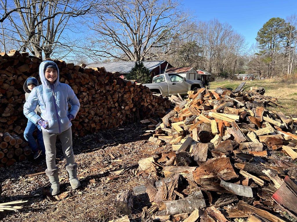 girl standing by a big pile of wood to be stacked