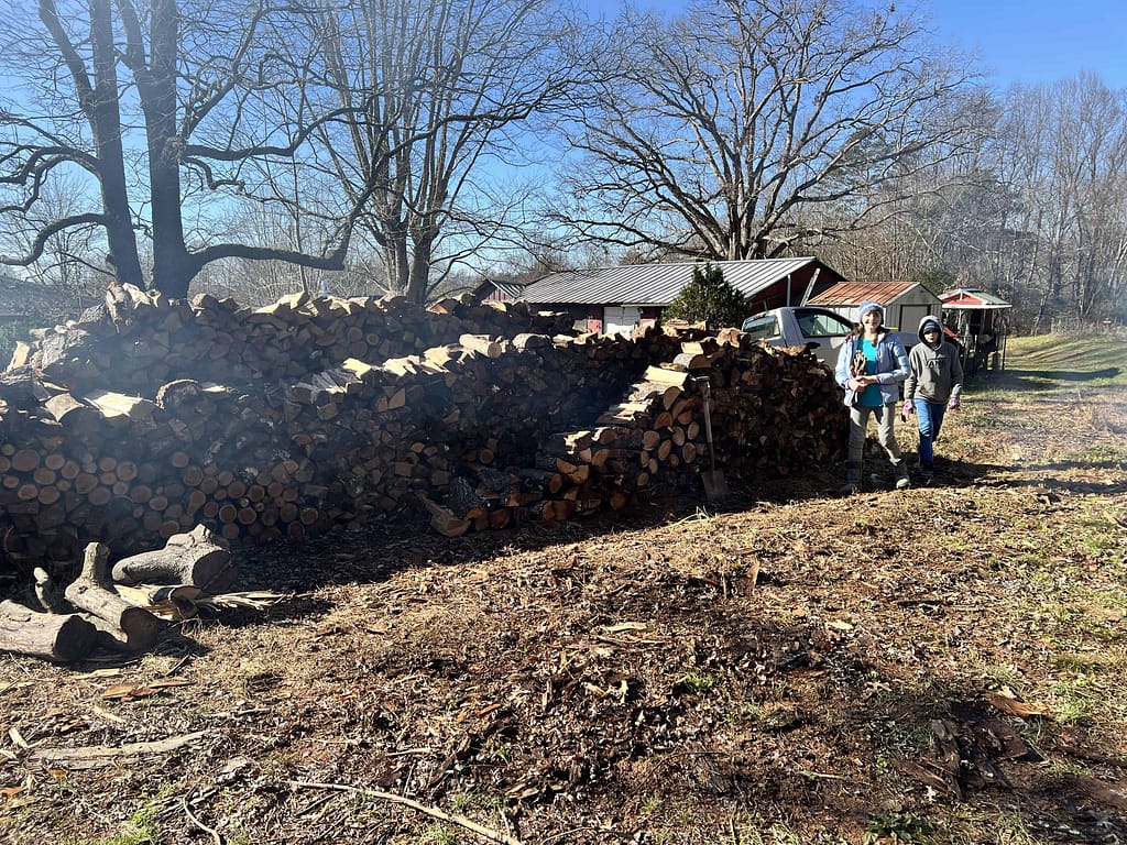 a wood pile with wood neatly stacked