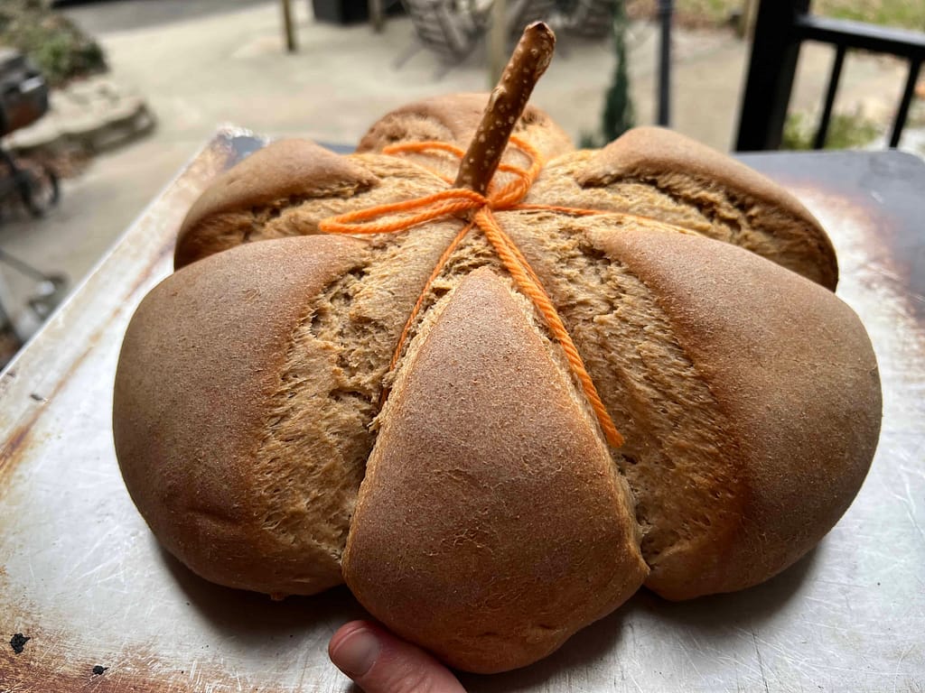 large loaf of bread shaped like a pumpkin