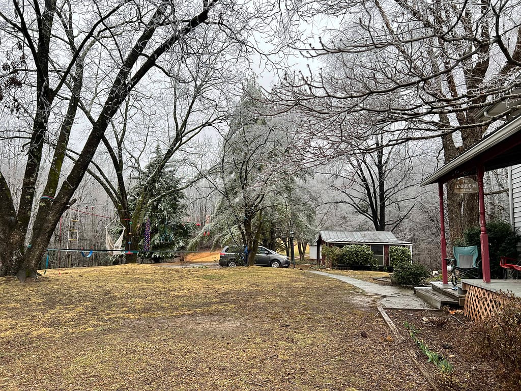 country yard in ice storm