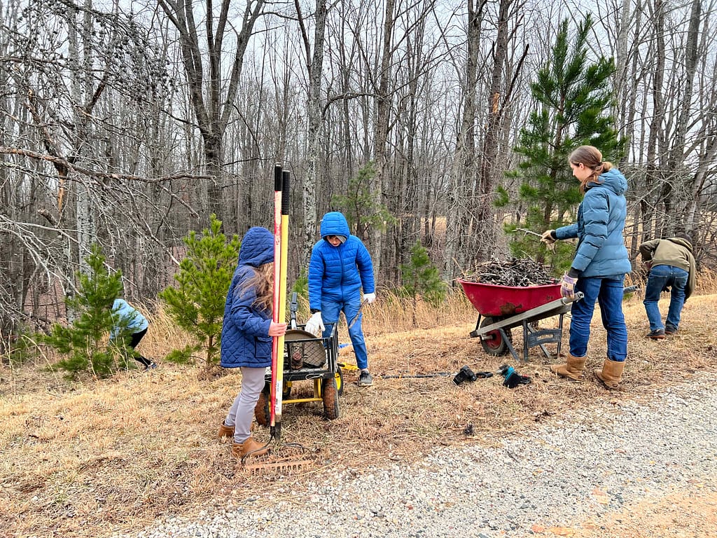 kids loading wood into a wheelbarrow