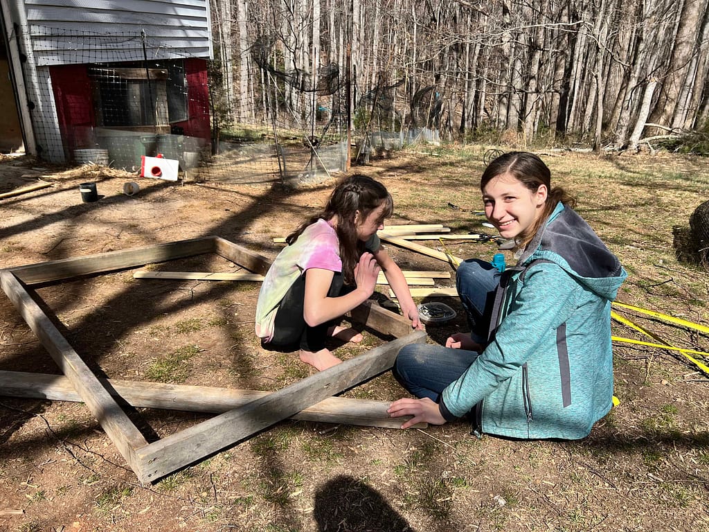 two sisters building a chick run
