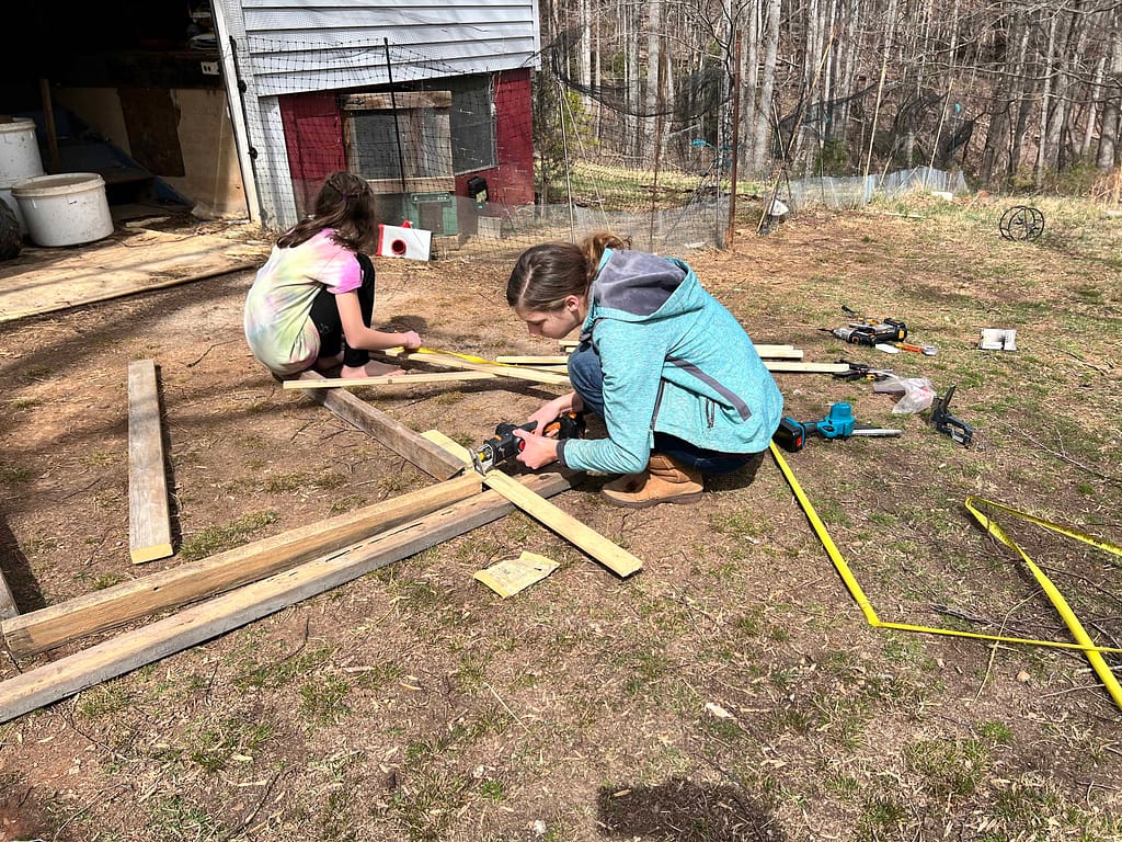 two sisters building a chick run