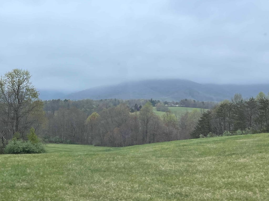 view of Blue Ridge Mountains in the spring fog