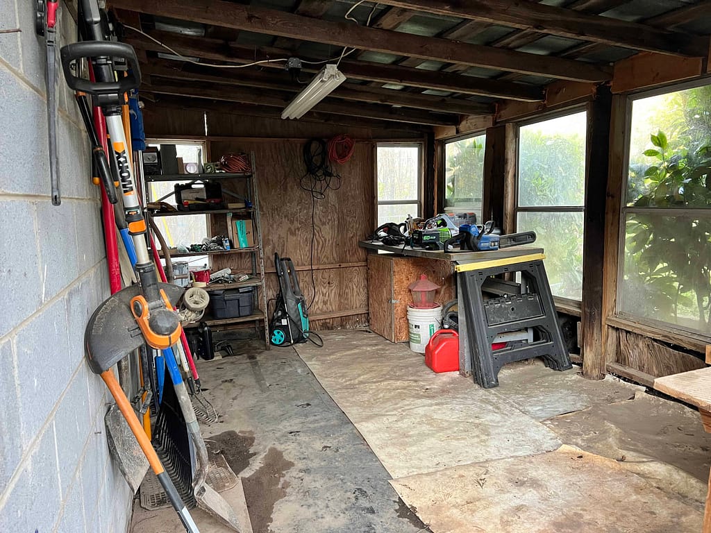 a clean wooden tool shed